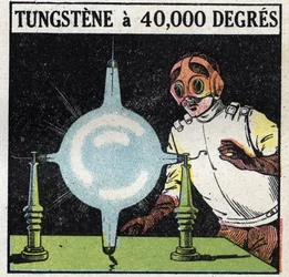 Het atoom en de wetenschap: poging om wolfraam op te lossen door een fijne draad van dit metaal te verdampen tot 40.000 graden. Anonieme illustratie uit 1925. Privécollectie.