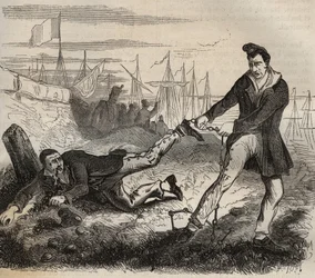 De grootste kwelling van de dwangarbeider is een slechte partner te hebben. Gevecht tussen twee gevangenen verbonden door dezelfde ketting. Strafkolonie van Rochefort in de 19e eeuw. Gravure in 