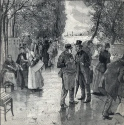 De boek-boek wandeling langs de kades in Parijs. Gravure in Le petit parisien op 30/10/1892