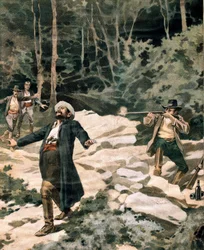 De bandiet Luciano Fioravanti, gedood door Italiaanse carabinieri in de regio Maremma (gravure)