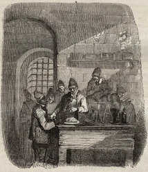 De kantine van de Brest bagne in de 19e eeuw. Gravure in 