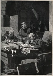 De chrysograaf: kopiistenmonniken vervaardigen in de middeleeuwen illuminaties met gouden letters. Gravure uit 1885 in ‘Les arts et métiers illustrés’ van Adolphe Bitard.
