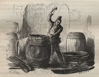 De kuiper van de bagne van Toulon in de 19e eeuw. Gravure in “Histoire des bagnes depuis leur création à nos jours” (1877). Privécollectie