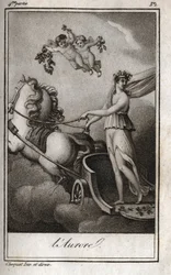 De dageraad (Apollo leidt de wagen van de zon). Allegorie van zonsopgang. Gravure uit 1819 in "Lettres à Emilie sur la mythologie" door Charles Albert Demoustier (1760-1801). Privécollectie.