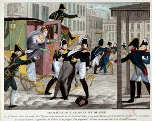 De dood van Charles Ferdinand de Bourbon, hertog van Berry (1778-1820), 13/02/1820, bij de uitgang van de Koninklijke Muziekacademie. De neef van koning Lodewijk XVIII werd in de Opera vermoord door Louvel, een republikein die de koninklijke dynastie