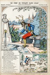 Het hert dat zichzelf in het water ziet. Anonieme illustratie voor Les Fables door Jean de La Fontaine (Lafontaine) (1621-1695). Beeldvorming van Pont-a-Mousson, circa 1880. Privécollectie.
