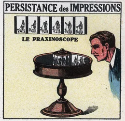Het oog: persistentie van indrukken. De praxinoscoop. Anonieme illustratie uit 1925. Privécollectie.