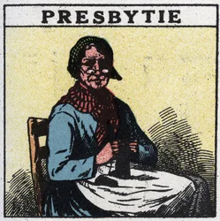 Het oog: persoon met presbyopie. Anonieme illustratie uit 1925. Privécollectie.