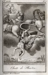 De val van Phaëton, niet in staat om de wagen van Helios te beheersen, werd getroffen door Zeus en viel in de Eridanus-rivier. Gravure uit 1819 in 
