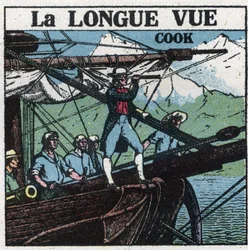 De eerste optische instrumenten: Kapitein James Cook (1728-1779), aan de boeg van zijn boot, observeert de zuidelijke landen met een verrekijker