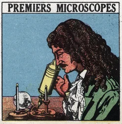 De eerste optische instrumenten: microscoop gebruikt in de tijd van Christiaan Huygens (Huyghens) (1629-1695). Anonieme illustratie uit 1925. Privécollectie.
