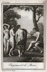 Het oordeel van Paris. De herder Paris moet kiezen aan wie hij de gouden appel zal geven om de mooiste van de drie godinnen, Athena, Aphrodite of Hera, aan te wijzen. Gravure uit 1819 in 