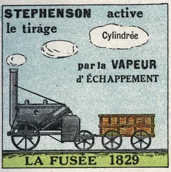 De locomotief: de raket uitgevonden door George Stephenson (1781-1848) in 1829. Anonieme illustratie uit 1925. Privécollectie.