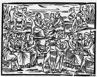 De maaltijd van de heksen op de sabbat - "Compendium Maleficarum", behandelt heksen, hun kwaad en hun toverkunsten door Francesco Maria Guazzo of Guaccio of Guaccius (15?? -16??) 1608 Privécollectie.