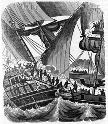 De piratenheer Jean Lafitte (1780-1826) nadert het schip Queen East van de Compagnie des Indes. Gravure uit “The pirate own book” 1837