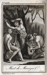 De straf of dood van Marsyas (De Straf van Marsyas) wordt gestraft voor het uitdagen van Apollo met de lier en wordt door de Boogschutter gevild in aanwezigheid van Koning Midas en de Muzen. Gravure uit 1819 in 