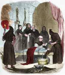 De kwestie van water: Pedro (Pierre) de Arbues (1441/1442 - 1485) ondervraagt onder marteling een jonge vrouw die naar verluidt haar zus zou hebben aangezet tot het lutheranisme. Vastgebonden met touwen, wordt water in een doek gegoten dat in de keel wordt