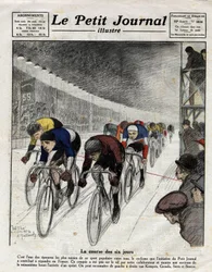 De zesdaagse race: Piet van Kempen (1898-1985), Alfred Grenda, Seres en Maurice Brocco (1883-1965) tijdens de sprint. Gravure in Le Petit Journal illustre, op 16/04/1922