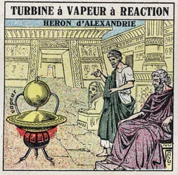 De stoommachine: een reactiestoomturbine. Eolipyle uitgevonden door de Griek Heron van Alexandrië (of Heron de Oudere) in de 1e eeuw na Christus. Anonieme illustratie uit 1925. Privécollectie.