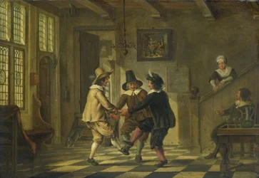 Drie mannen in zeventiende-eeuwse kostuums dansen in een voorhuis