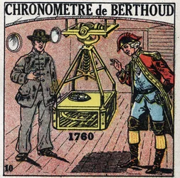 Tijd: scheepschronometer uitgevonden door Ferdinand Berthoud (1727-1807) in 1760. Anonieme illustratie uit 1925. Privécollectie.
