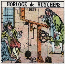 Tijd: klok met vrije slinger uitgevonden door Christiaan Huygens (1629-1695) in 1657. Anonieme illustratie uit 1925. Privécollectie.