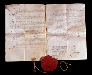 Verdrag van Cateau Cambresis tussen Hendrik II (1519-1589) en Filips II van Spanje op 3/04/1559. Frankrijk geeft zijn Italiaanse gebieden terug aan Spanje. Dit verdrag beëindigde de Italiaanse oorlogen. Parijs, Nationaal Archief