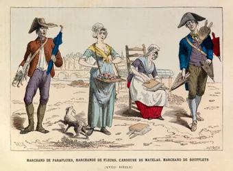 Parapluverkoper, bloemenverkoper, matrassenkaarder en blaasbalgverkoper in Parijs in de 18e eeuw - privécollectie