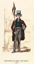 Een rattenvergifverkoper in 1845 in Parijs, gravure, privécollectie