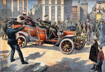 Ongebruikelijke Amerikaanse politietechnieken voor het arresteren van bestuurders die snelheidsovertredingen begaan. Gravure uit de krant "Le Petro Parisien", op 31/05/1908. Privécollectie.