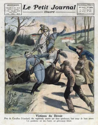 Diverse feiten: moord op twee gendarmes door rondtrekkende misdadigers op de weg naar Cavaillon in de Vaucluse. Illustratie uit “Le Petit Journal” van 06/03/1921. Privécollectie.