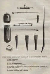 Verschillende gereedschappen die de veroordeelden meenemen wanneer ze ontsnappen. Gravure in 