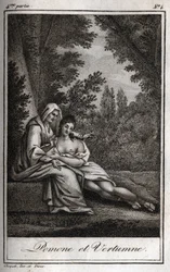 Vertumnus en Pomona (Jupiter en Ceres): Vertumnus, verliefd op de nimf Pomona, vermomt zich als een oude vrouw om haar te benaderen. Gravure uit 1819 in "Lettres à Emilie sur la mythologie" door Charles Albert Demoustier (1760-1801). Privécollectie.