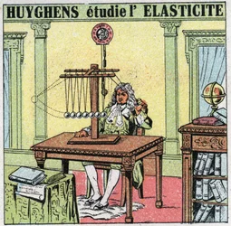 Trillingsbewegingen: Christiaan Huygens (1629-1695) bestudeert de elasticiteit van het materiaal door ivoren kralen te observeren. Anonieme illustratie uit 1925. Privécollectie.