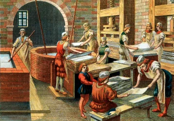 Zicht op een papierfabriek in Fabriano in de 16e eeuw, Italië. De verschillende stappen. Illustratie