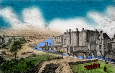 Zicht op de Bastille met zijn omringende muren onder koning Karel V de Wijze (1338-1380), gravure, privécollectie
