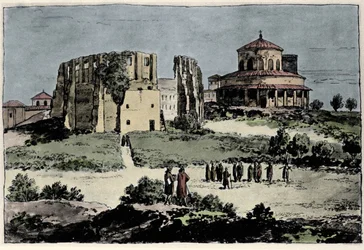 Zicht op de kerk van Santa Constance, mausoleum van keizer Constantijn gebouwd in de 4e eeuw nabij de basiliek van St. Agnese in Rome Illustratie uit de 19e eeuw