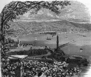 Zicht op de stad Genua (Genova), Italië. gravure van 1859 in "de galerijen van Europa - Italië" door Armengaud. Privécollectie.
