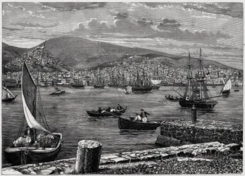 Uitzicht op het eiland Syra in Griekenland. Gravure in 