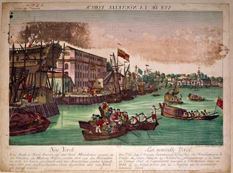Zicht op de haven van de stad New York in de Verenigde Staten, links een scheepswerf. De monding van de Hudson River en Manhattan Island. Gravure uit de 18e eeuw. Privécollectie