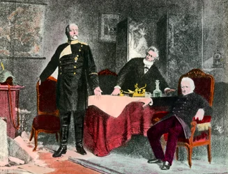 Oorlog van 1870: politiek interview tussen kanselier Bismarck (1815-1898), Jules Favre (1809-1880) en Adolphe Thiers (1797-1877). Gravure rond 1870. Privécollectie