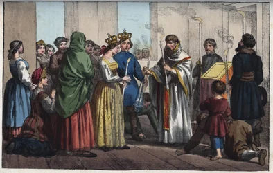 Bruiloften in Rusland in de 18e eeuw - gravure uit „Usi e Costumi di Tutti i Popoli dell