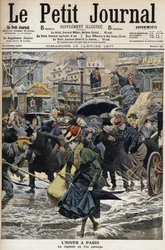 Winter in Parijs: de palen waden door de gesmolten sneeuw en de diligence van voorbijgangers. Gravure op de voorpagina van de Petity Journal