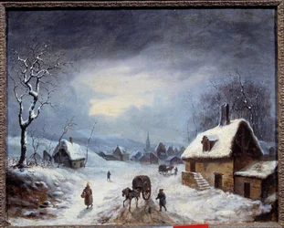 Winterlandschap. Een koets op een met sneeuw bedekte weg