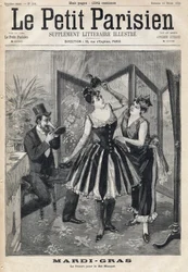Vrouwen bereiden hun verkleedkleding voor achter een scherm en een man probeert zijn masker in de vorm van een olifantenslurf voor het Maskerbal van Mardi Gras. In 