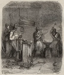 Arbeiderskrachten bij de Rochefort Bagne in de 19e eeuw. Gravure in 