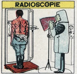 Röntgenstralen: radioscopie van een menselijk lichaam. De radioloog beschermt zich tegen röntgenstralen door een rubberen doek te dragen met een rubberoplossing die loodzouten bevat, zijn hoofd is bedekt met een muts en zijn handen met handschoenen van het
