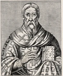 Portret van Dionysius de Areopagiet - Portret van Sint Denys de Areopagiet (1e eeuw), Griekse bisschop - Gravure naar een illustratie van het Leven van beroemde mannen door Thevet - In Les Missions Catholiques au XIXe Siècle door Louis-Eugene Louvet.
