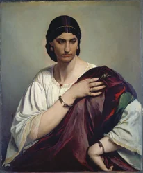 Lucrezia Borgia; portret van een Romeinse vrouw in witte tuniek en rood gewaad