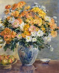 Chrysanten in een Blauwe en Witte Vaas